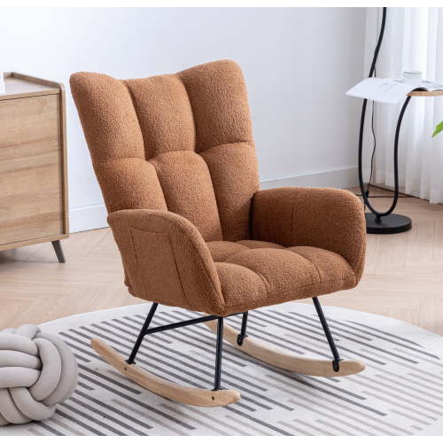 Rocking Chair Nursery,Teddy Upholstered Glider Rocker with High Backrest,Modern Rocking Accent Chairs Glider Recliner for Living Room, Nursery, Bedroom,Brown