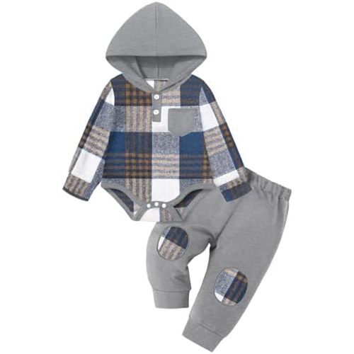 Fommy Baby Boy Clothes Flannel Plaid Outfits Long Sleeve Hoodie Romper Fall Winter 2 Pcs Clothes for Boy