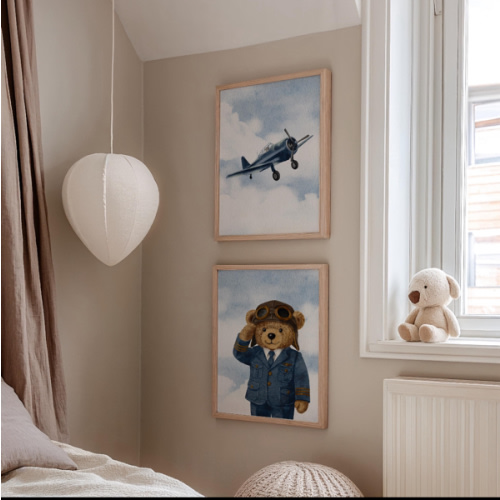 Aeroplane and Teddy Bear Pilot Set of 2 Prints: Blue Aviation Nursery Decor