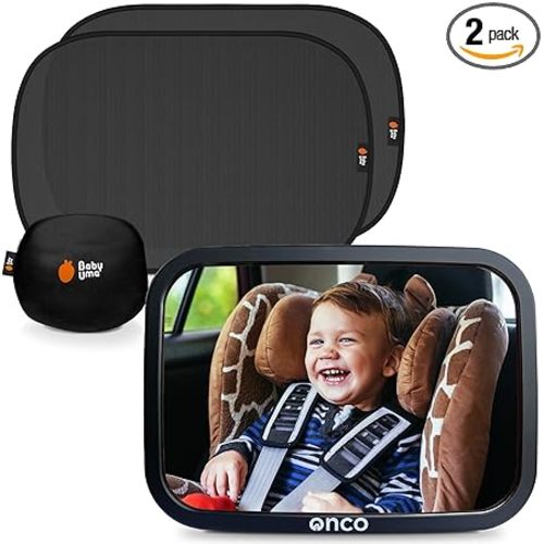 Onco Baby Car Mirror & Car Window Shades Bundle (18.9″ × 12″) - UPF 50+ Window Shade, 100% Shatter-Proof Car Mirror for Baby, Universal Shades & Mirror
