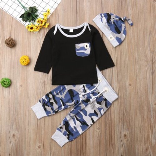 3pcs Newborn Infant Baby Boy Clothes Camouflage Top Long Pants Hat Outfit Set - 0-6m