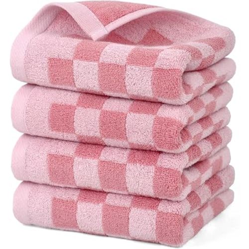 Jacquotha Soft Cotton Hand Towels in Pink Checkered - 4 Pack Lightweight Absorbent Towels for Hand Drying and Face Washing, for Women Girls Wife Daughter, 29x13 Inches