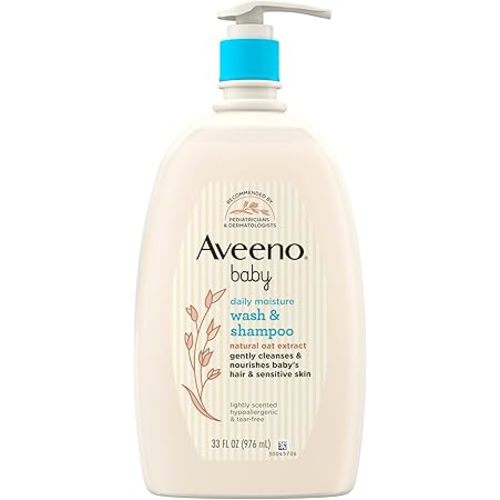 Aveeno Baby Daily Moisture Body Wash & Shampoo with Oat Extract, Hypoallergenic, Tear-Free, No Added Parabens, pH-Balanced Formula for Sensitive Hair & Skin, Baby Essentials, 33 fl oz