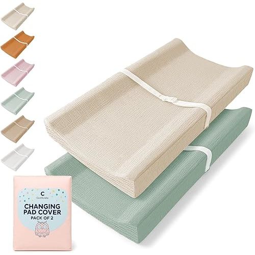 Muslin Changing Pad Cover 2 Pack Green & Beige Organic Muslin Cotton Changing Pad Cover Girl/Boy, Stretchy Fit, Safe for Delicate Skin, Perfect for Changing Tables