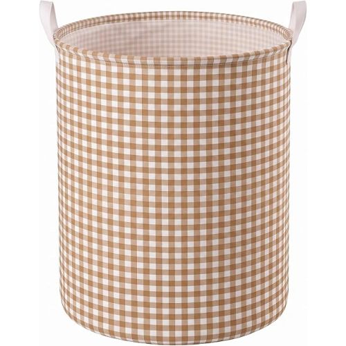 Brown Gingham Laundry Hamper, Collapsible Basket with Handles