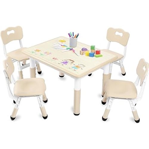 Kinder King Kids Table & 4 Chairs Set, Height Adjustable Children Activity Table w/Graffiti Tabletop, Toddler Furniture Set for Classroom, Daycare, Home, Age 3+, Beige
