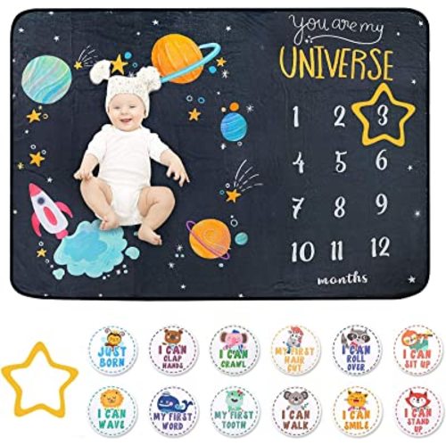 Baby Milestone Blanket - Cute Space Design Monthly Milestone Blanket for Baby Boy and Girl, Soft and Thick Flannel Material Wrapped with Milestone Stickers