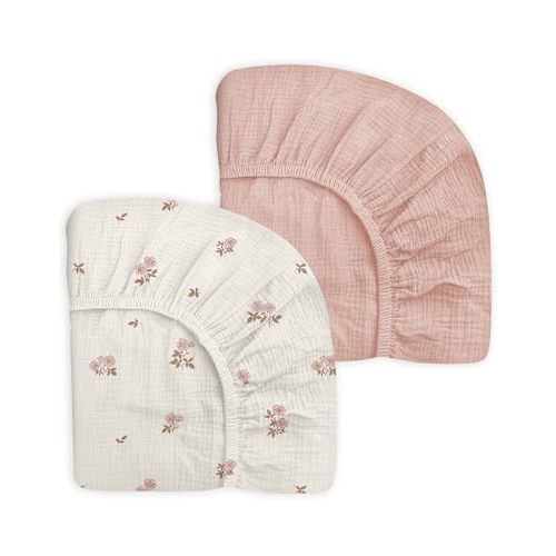 Mini Crib Sheets for Baby Boy Girl 2 Pack, Neutral Mini Crib Mattress Sheet 24" x 38", Muslin Nursery Bedding Soft and Breathable Comfort (Vintage Blossom & Pink)