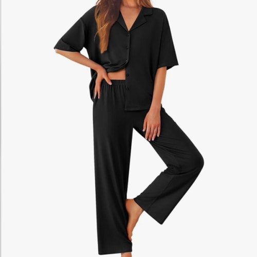 Ekouaer Women Pajamas Set Button Down Sleepwear Short Sleeve Pjs Soft Comfy Nightwear with Long Pants S-XXL