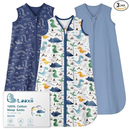 Looxii Baby Sleep Sack 0.5 TOG, 100% Cotton 3 Pack Wearable Blanket Baby Sleep Bag for Newborn Infant, 2-Way Zipper Lightweight Toddler Sleeping Sack 12-18 Months