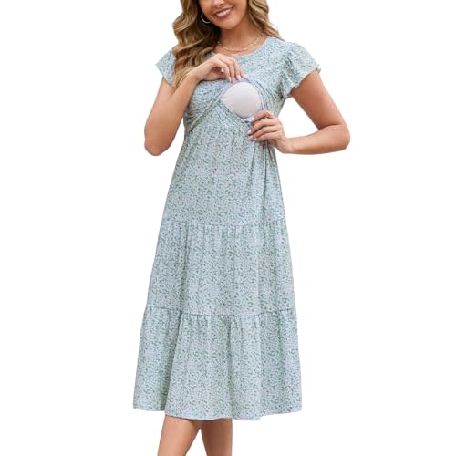 GINKANA Women Nursing Dress Flutter Sleeve Midi Dress Crew Neck Nursing Friendly Dresses Loose Flowy Maternity Beach Dress