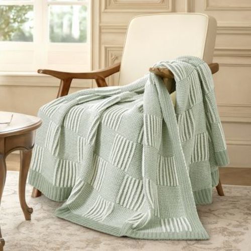 Checkered Knit Chenille Throw Blanket, 50" x 60", Sage Green & White- Amelie Home