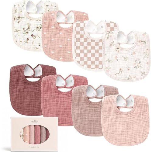 Konssy 8-Pack Muslin Baby Bibs, Adjustable Fit for Drooling and Teething | Soft Absorbent, Drool Bibs for Baby Boys Girls, Cotton Front with Fleece Backing, Newborn to Toddler 0-36M
