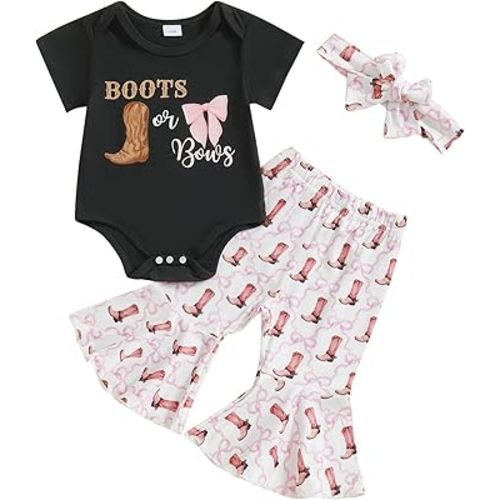 SAYOO Western Baby Girl Clothes Boots or Bows Letter Bodysuit Romper Cow Print Flared Pants Headband Cowgirl Country Outfit