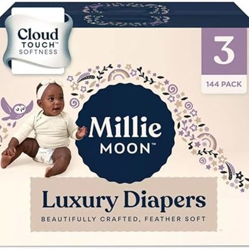 Millie Moon Luxury Diapers – Ultra Soft Cloud Touch Disposable Diapers with 12 Hour Absorbency & Wetness Indicator (3-144ct)