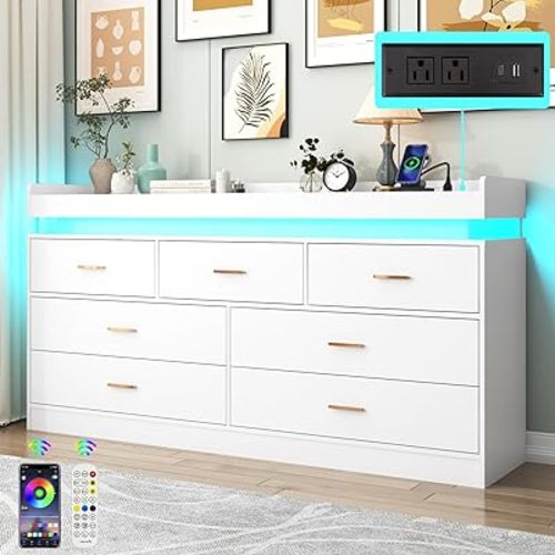 7 Drawer Dresser with LED Light and Charging Station, Modern Chest of Drawers for Closet, Wide Drawer Organizer Cabinet for Bedroom, Living Room, Entryway, Hallway, White