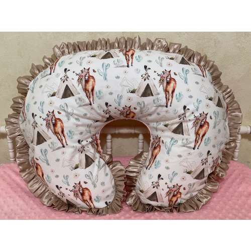 Boho Floral Horse Nursing Pillow Cover with Taupe Satin Ruffle
