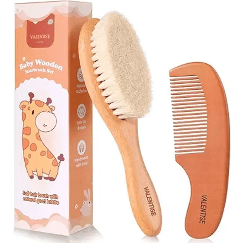 Baby Hair Bush and Comb Set,Baby Hair Brush with Soft Goat Bristle and Wood Comb Set,Wooden Baby Brush Set for Newborns & Toddlers,Good for Cradle Cap Brush