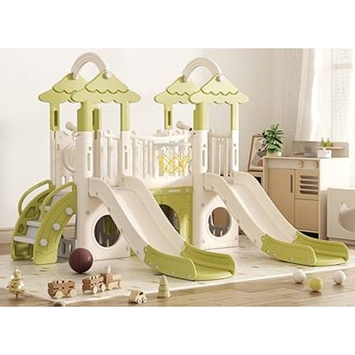 KORIMEFA 10-in-1 Toddler Slide, Kid Double Slide for Toddlers Age 1-3, Basketball Hoop, and Telescope, Indoor Outdoor Slide Toddler Playset Toddler Playground, Forest Themed Green, FE-ST-SWW0464
