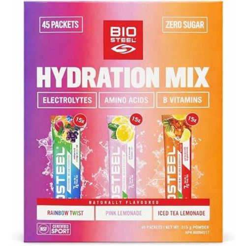 BioSteel Hydration Mix, Electrolytes, Amino Acids and B Vitamins, Zero Sugar, Rainbow Twist, Pink Lemonade and Iced Tea Lemonade, 45 Packets