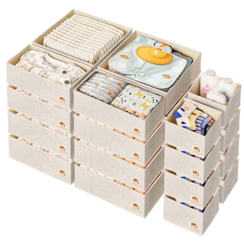Linen Drawer Organizers for Nursery, Dresser & Closet (24-Pack) – Sturdy, Collapsible Nursery & Dresser Dividers for Baby Clothes, Socks, Underwear & Essentials – Multi-Size Set, Beige