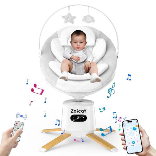 Zoicay Portable Baby Swing with 9 Sway Modes & 8 Speeds, APP Remote Control, 360 Rotating Seat, 6 Lullabies & Bluetooth Music, White
