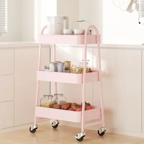 3 Tier Metal Storage Utility Cart with Wheels - Kitchen Storage Trolley, Rolling Bathroom, Casters for Narrow Spaces, Ideal for Bedside Use - TikTok Shop
