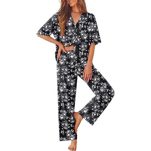 Ekouaer Women Pajamas Set Button Down Sleepwear Short Sleeve Pjs Soft Comfy Nightwear with Long Pants (Large)