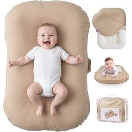 Mielcora Baby Lounger for Newborn - Infant Lounger 0-24 Months, Soft Breathable Cotton, Perfect for Tummy Time, Portable Baby Nest Pillow for Home & Travel (Light Camel, Cover Included)