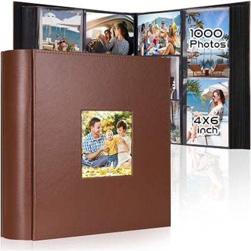 Colemoly Photo Album 4x6 1000 Photos Leather Cover with Window Albums Holds 1000 Pictures of Family & Friends, Storing Precious Memories (Brown, 1000 Pockets)