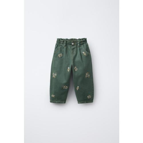 EMBROIDERED FLORAL TWILL BALLOON PANTS - Green | ZARA United States
