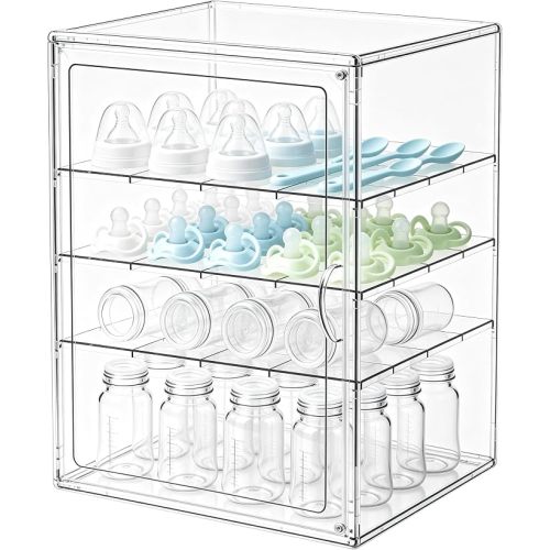 Baby Bottle Organizer, 3 Tiers Acrylic Bottle Storage Organizer Container, Clear Plastic Bottle Station Organizer with 2 Adjustable Dividers for Kitchen Countertop, Bathroom, Cabinet, Vanity (Large)