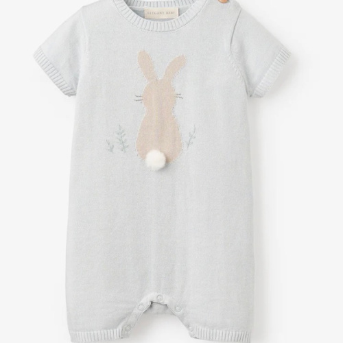 Pale Blue Bunny Knit Shortall Romper BLUE / 3-6M