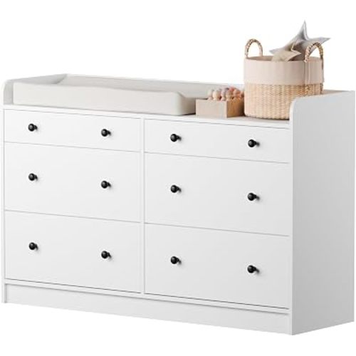 Baby Dresser with 6 Drawers and Large Table Top, Multi-Functional Chest of Drawer, Drawer Dresser with Three-Sided High Rails for Nursery, Children's Room, Bedroom, White