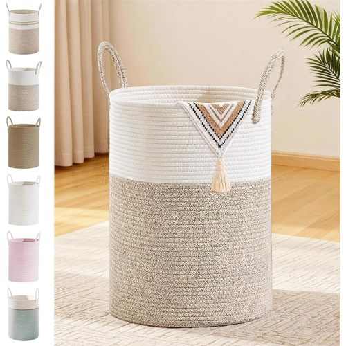 Tall Laundry Basket with Handles, 58L Portable Dirty Clothes Hamper, Boho Cotton Rope Storage Bin for Blankets Kids Toys Gifts, Decorative Organizer for Baby Nursery Bedroom Bathroom, Brown