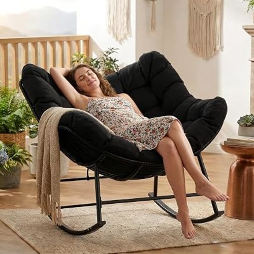 Kromax Oversized Papasan Rocking Chair Glider, All-Weather PE Wicker Patio Accent Chair with Thick Cushion, Indoor Outdoor Rocker for Living Room Porch Balcony, Black