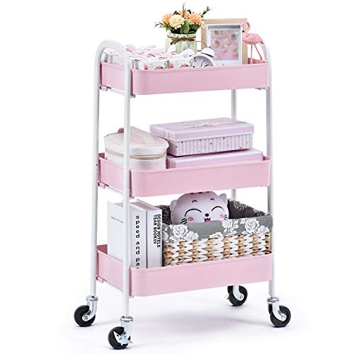 TOOLF 3 Tier Rolling Cart, Metal Utility Cart No Screw, Easy Assemble Utility Serving Cart, Sturdy Storage Trolley with Handles, Locking Wheels, for Classroom Office Home Bedroom Bathroom, Pink