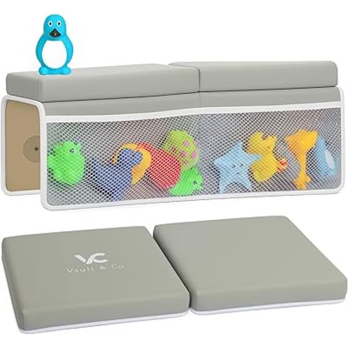 Vault & Co Bath Kneeler and Elbow Rest Pad Set – Extra Thick 1.5” Cushioned Baby Bath Kneeling Pad, Non-Slip Mat with Quick Dry Cover Storage Pockets, Waterproof Support & 5 Fun Bath Toys