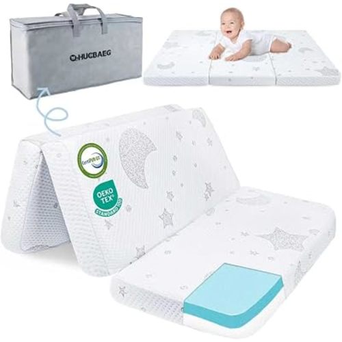 Trifold Pack and Play Mattress 38x26x3, Soft Memory Foam Mini Crib Playpen Mattress Pad for Baby Toddler, CertiPUR-US, Waterproof Washable Cover, Portable with Carry Bag, Fits Playard