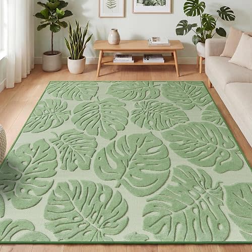 Sage Green Monstera Area Rug 5x7, High-Low Plush Pile Washable Rugs for Living Room Bedroom, Tropical Non Slip Nursery Carpet Soft Indoor Shag Rugs for Dining Room