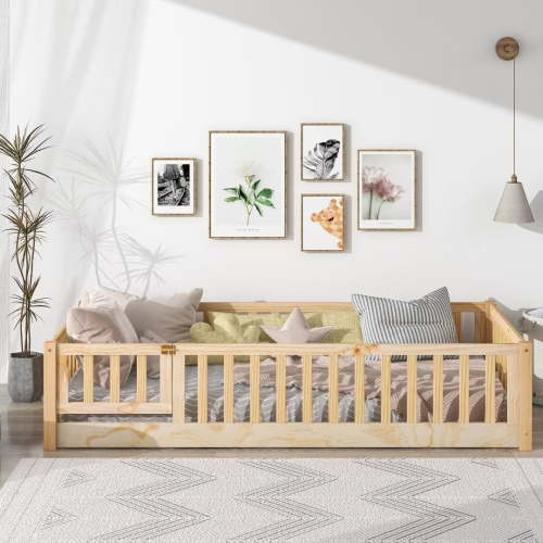 Twin Size Floor Bed for Kids, Wood Twin Montessori Bed Frame with Fence Guardrails and & Support Slats, Twin Playhouse Bed with Door Design, Kids Fence Bed Playpen Bed for Boys ,Girls, Natural