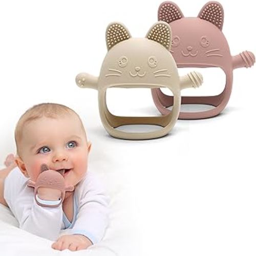Rabbit Hand Guard Teether 2-Pack – Silicone Baby Teething Toys for Infants, Toddlers & Newborns – 100% Food Grade, BPA-Free¸Flexible Gum Soother (Rabbit Hand Guard - Pink/Cream)
