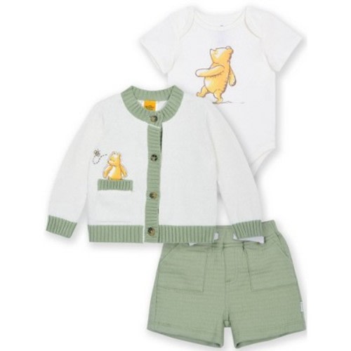 Baby Boys' 3pc Disney Winnie the Pooh Collection Bodysuit, Cardigan and Shorts Set - Green Newborn