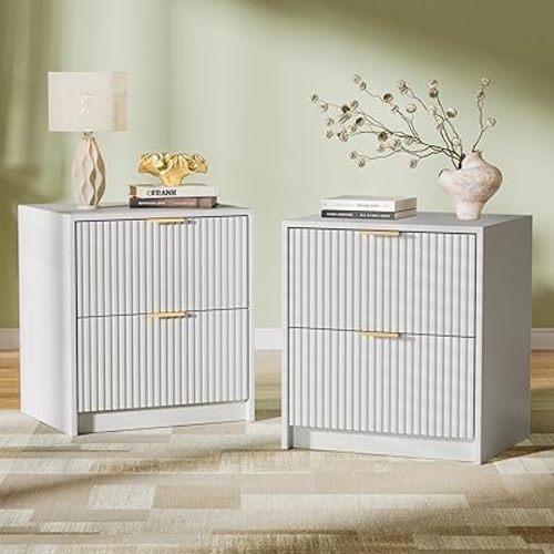 Nightstands Set of 2, Fluted Nightstand with Gold Metal Handles and 2 Drawers, Modern Bedside Table, 19.6" Wide Wood End Table for Bedroom, White