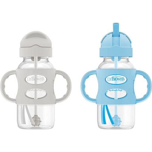 Dr. Brown's Milestones Wide-Neck Sippy Straw Bottle with 100% Silicone Handles and Weighted Straw, 9 oz/270 mL, Gray & Blue, 6m+
