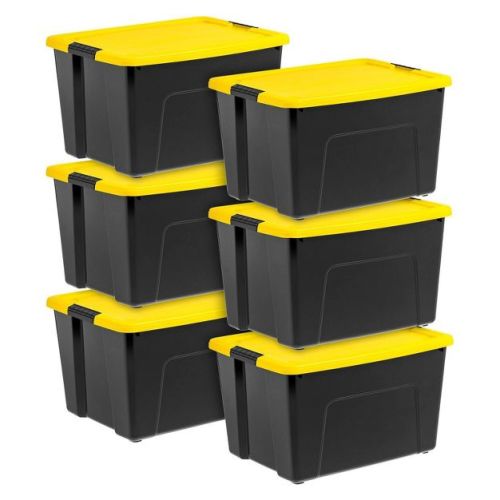 IRIS 6pk 60qt Plastic Storage Bins with Lids Black Yellow Latching Stackable Totes : Stackable Utility Totes, Portable, Universal Storage, Lidded Bins