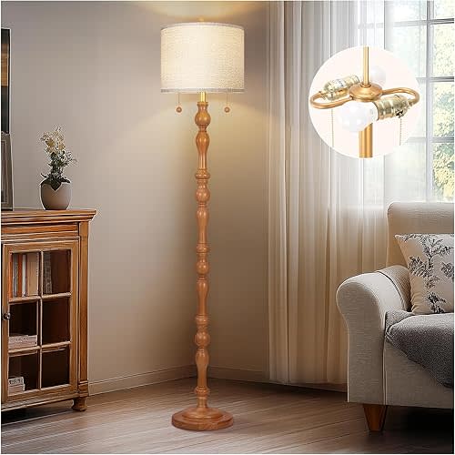 65.5" Natural Real Wood Floor Lamp with S Cluster Pull Chains Dual Switch,Wood Base Tall Lamp,Farmhouse Standing Lamp for Living Room,with Linen Shade,Floor Lamp for Living Room,Bedroom(Bulb Included)