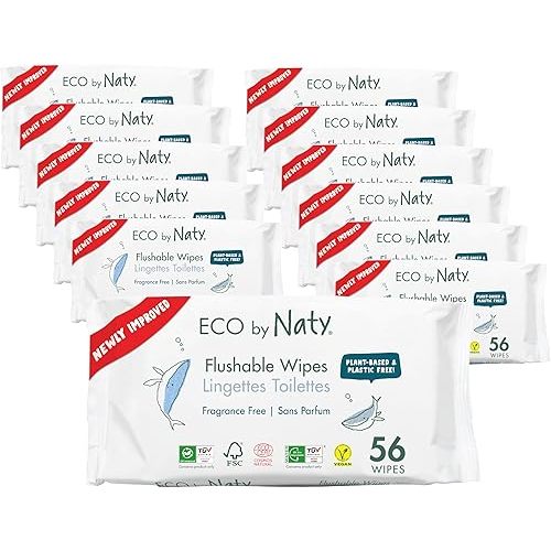 Eco by Naty Flushable Baby Wipes - Compostable and Plant-Based Wipes, Chemical-Free and Hypoallergenic Baby Wipes Safe for Baby Sensitive Skin, 56 Wipes Per Pack (12 Pk)