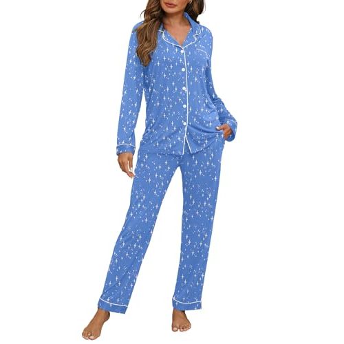 ZMJ Womens Pajamas Sets 2 Piece Long Sleeve and Pant Pj Sets Button Up Sleepwear