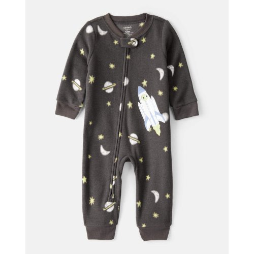 Baby Boy Spaceship Star Print Fleece Long-Sleeve Loose Fit 1-Piece Pajamas - Grey | Carter's